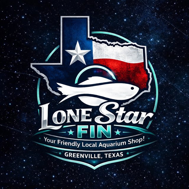 Lone Star Fin logo: Texas flag state outline with a white fish, reading Lone Star Fin — Your Friendly Local Aquarium Shop! — Greenville, Texas